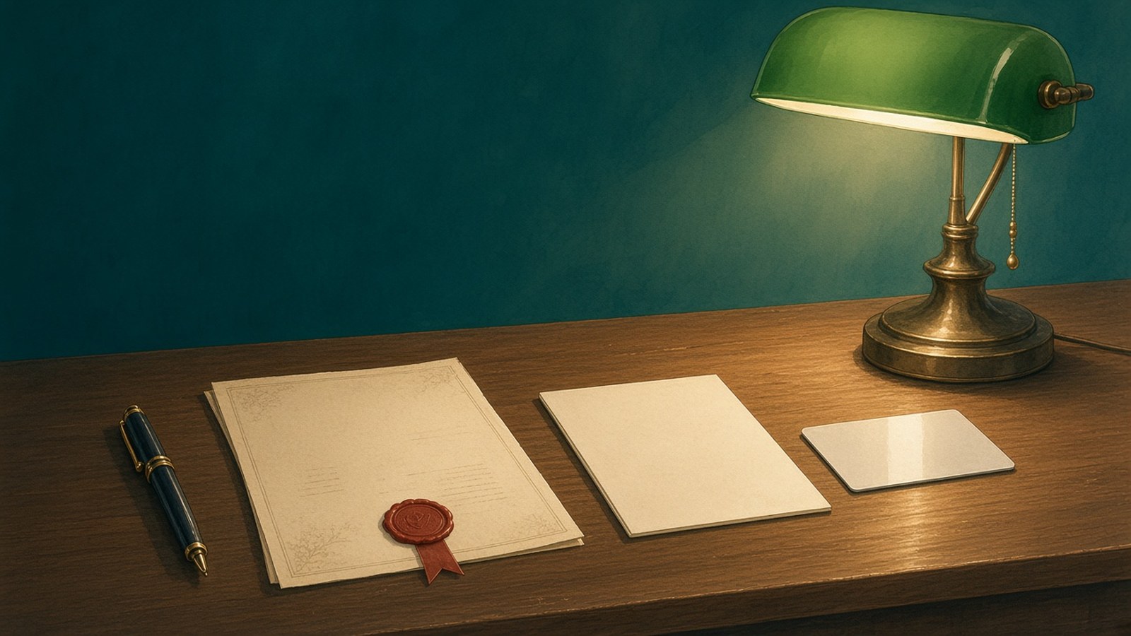 Painting of a sealed paper certificate, a stiff card and a plastic card in a row on a walnut desk under a green lamp