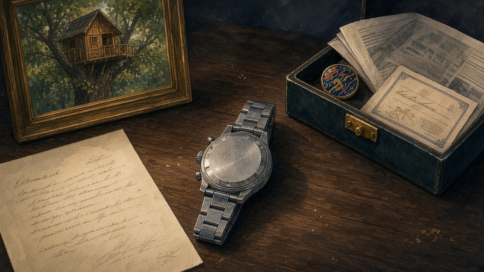 Painting of a still life on a dark wooden table: a handwritten letter, a framed picture of a treehouse among leaves, a steel chronograph lying face-down to show its case back, and an open presentation box holding a colorful enamel pin, folded papers and a certificate.