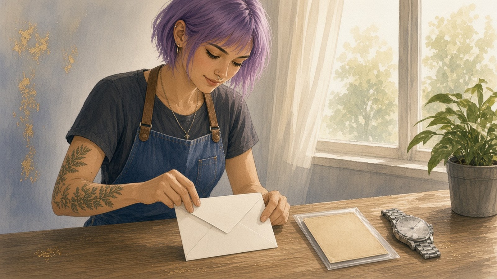 Painting of a purple-haired watchmaker with a fern tattoo sealing service papers in an envelope beside an older card in a sleeve