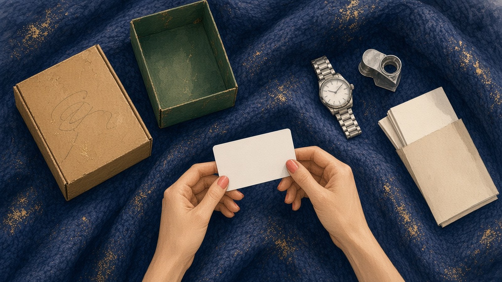 Painting from above of an old outer box, an open green inner box, booklets and a loupe on a navy blanket, with hands holding a blank card beside a steel watch