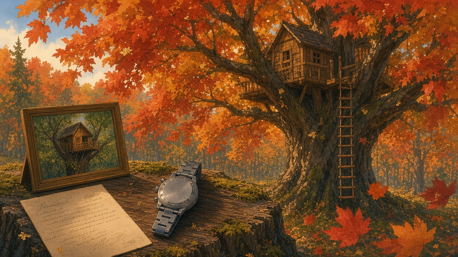 Painting of a treehouse in autumn woods, with a framed photo of it, a letter and a chronograph on a mossy stump