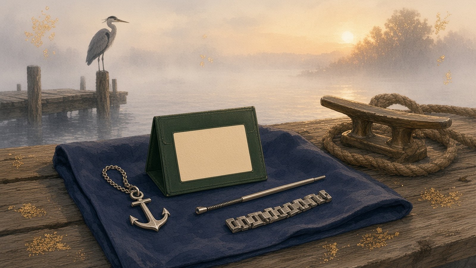 Painting of an anchor charm, a green card holder, a bracelet tool and spare links laid out on a misty harbor dock