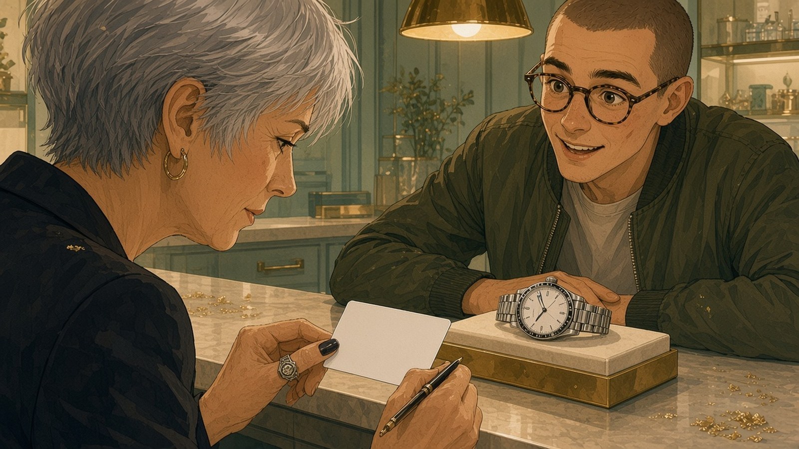 Painting of a jeweller dating a blank warranty card while a young buyer in tortoiseshell glasses leans in