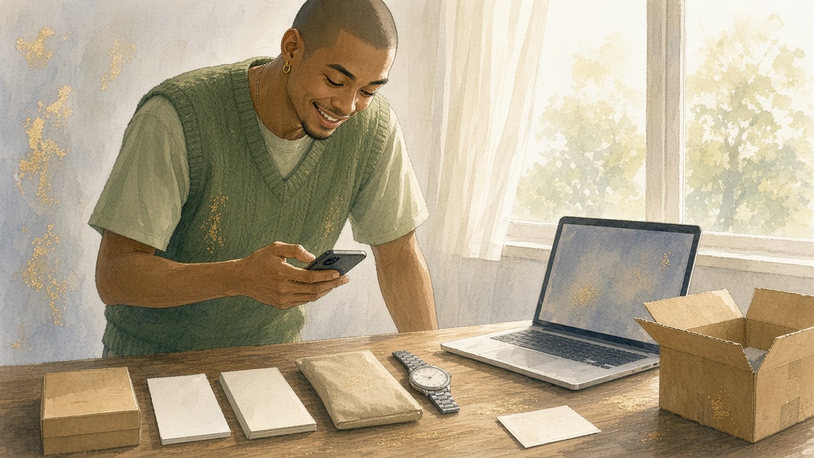 Painting of a smiling man with a shaved head and a green knitted vest photographing a row of items on his desk with his phone: a box, two blank booklets, a pouch, a steel watch and a card, beside a laptop and an open shipping box.