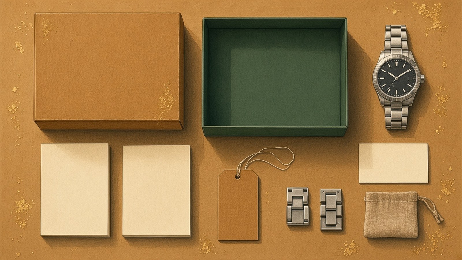 Painting of a full set laid out on kraft paper: outer box, green inner box, steel watch, blank card, booklets, tag and spare links
