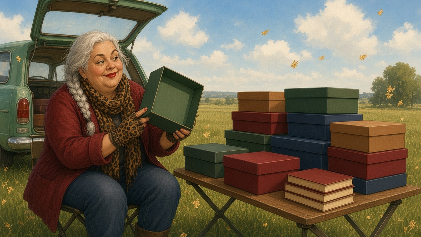 Painting of a silver-braided seller at a car-boot sale holding up an empty green box beside stacks of plain boxes