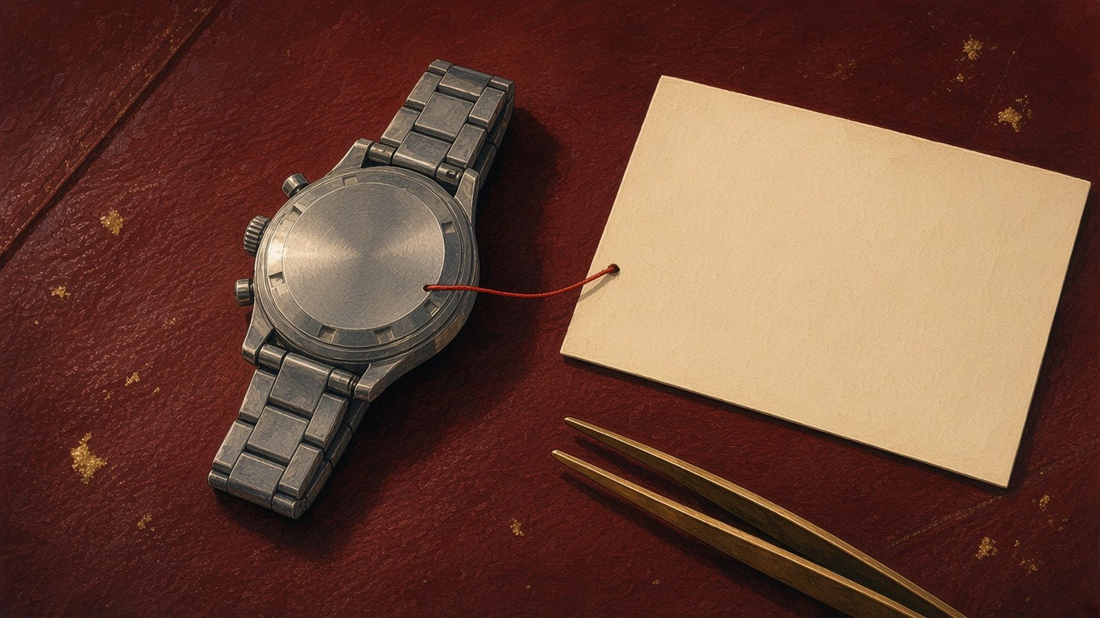 Painting of a steel watch case back joined by a thin red thread to a blank cream card on oxblood leather
