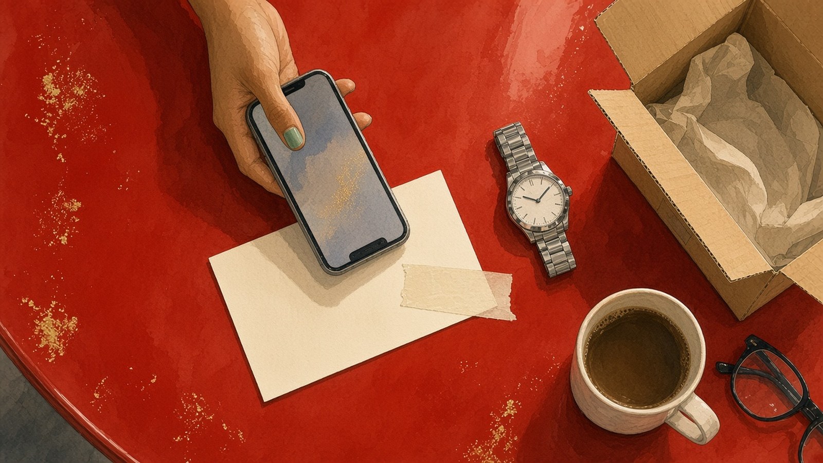 Painting from above of a hand photographing a blank card beside a steel watch on a tomato-red table