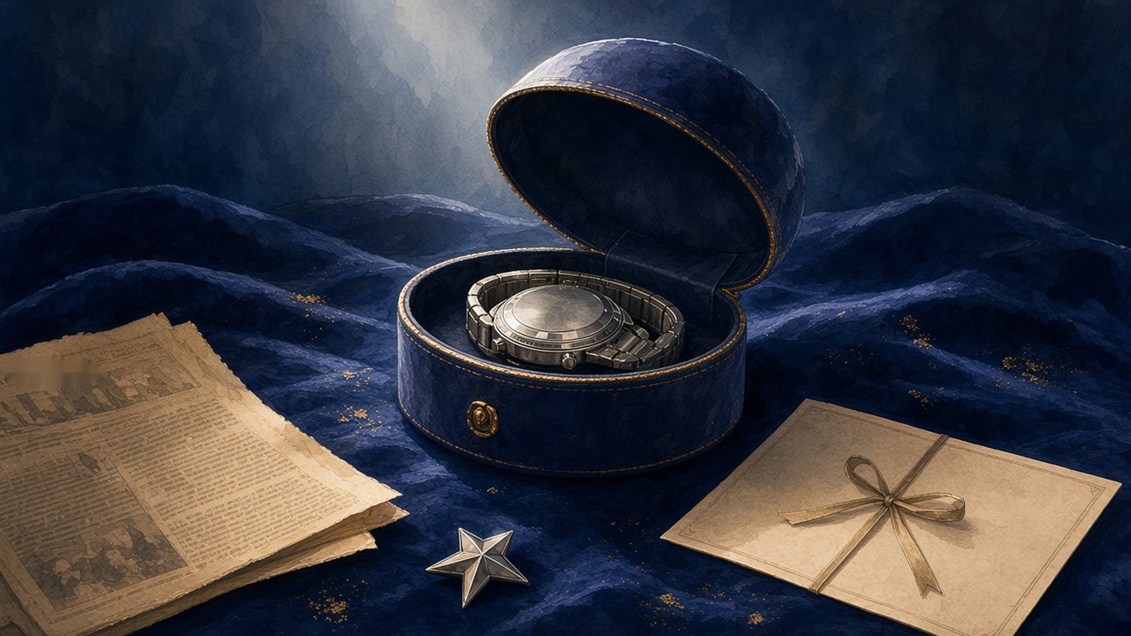 Painting of a capsule-shaped presentation box on blue velvet with a star pin, an old newspaper and a ribboned certificate