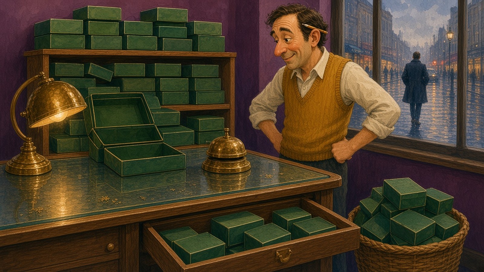 Painting of a jeweller smiling at a tower of empty green watch boxes as a customer walks off into the rain