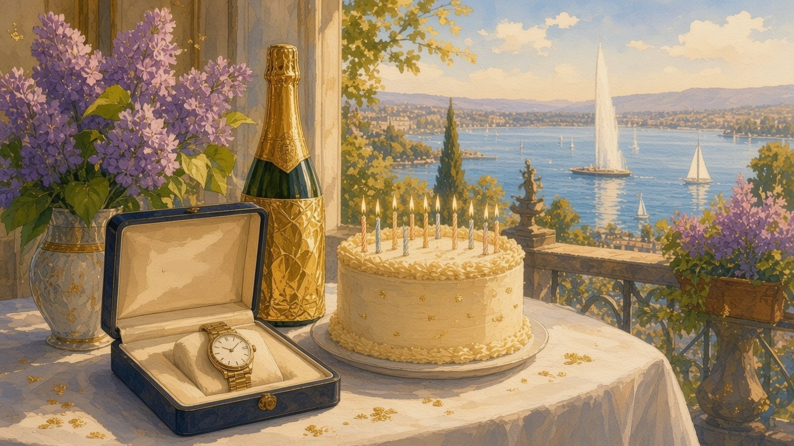 Painting of a gold watch in an open presentation case beside a birthday cake, lilacs and champagne on a terrace above Lake Geneva in 1945