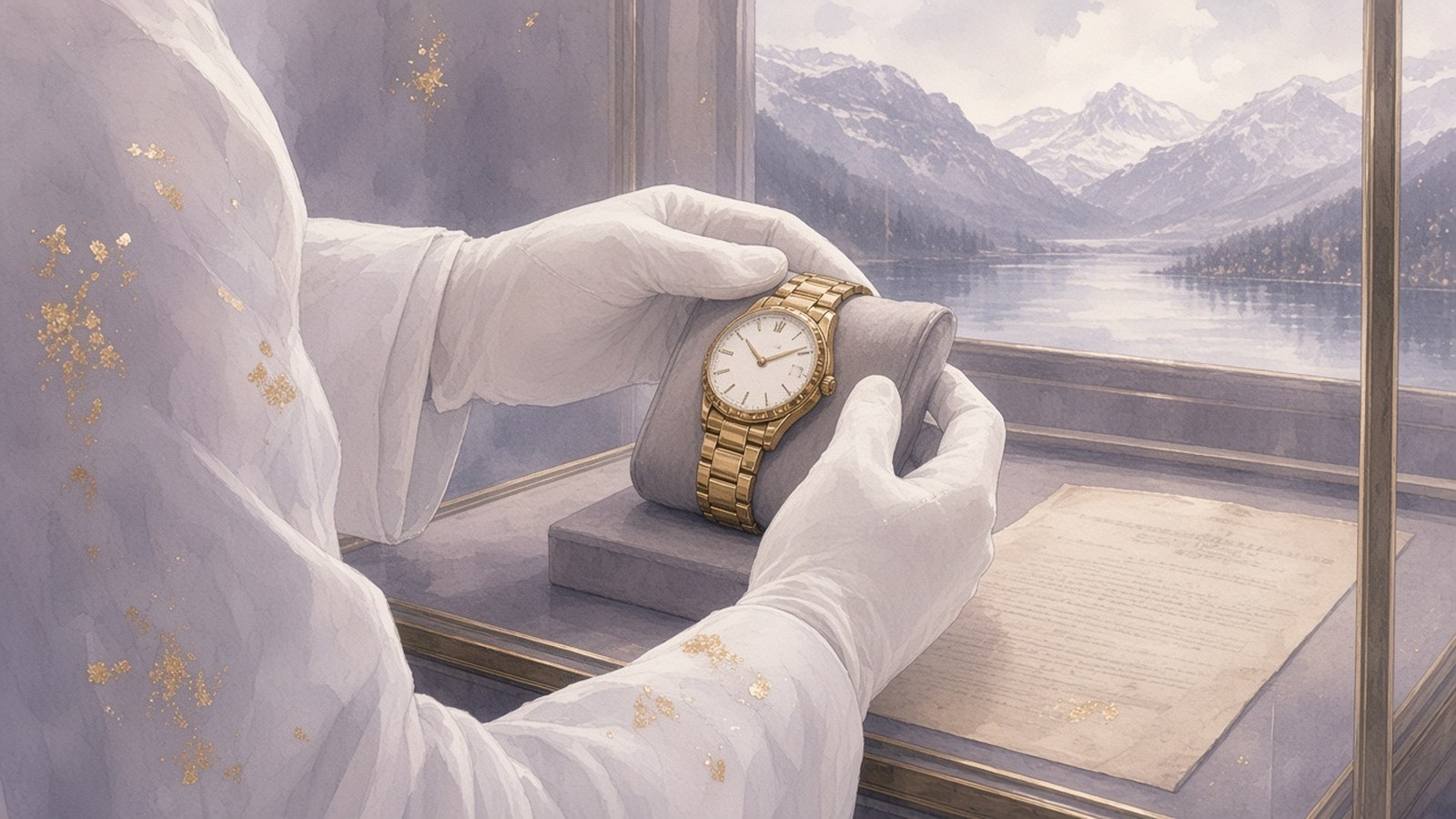 Painting of white-gloved hands presenting a gold watch on a grey cushion in a glass case beside an old letter, a lake and snowy mountains behind