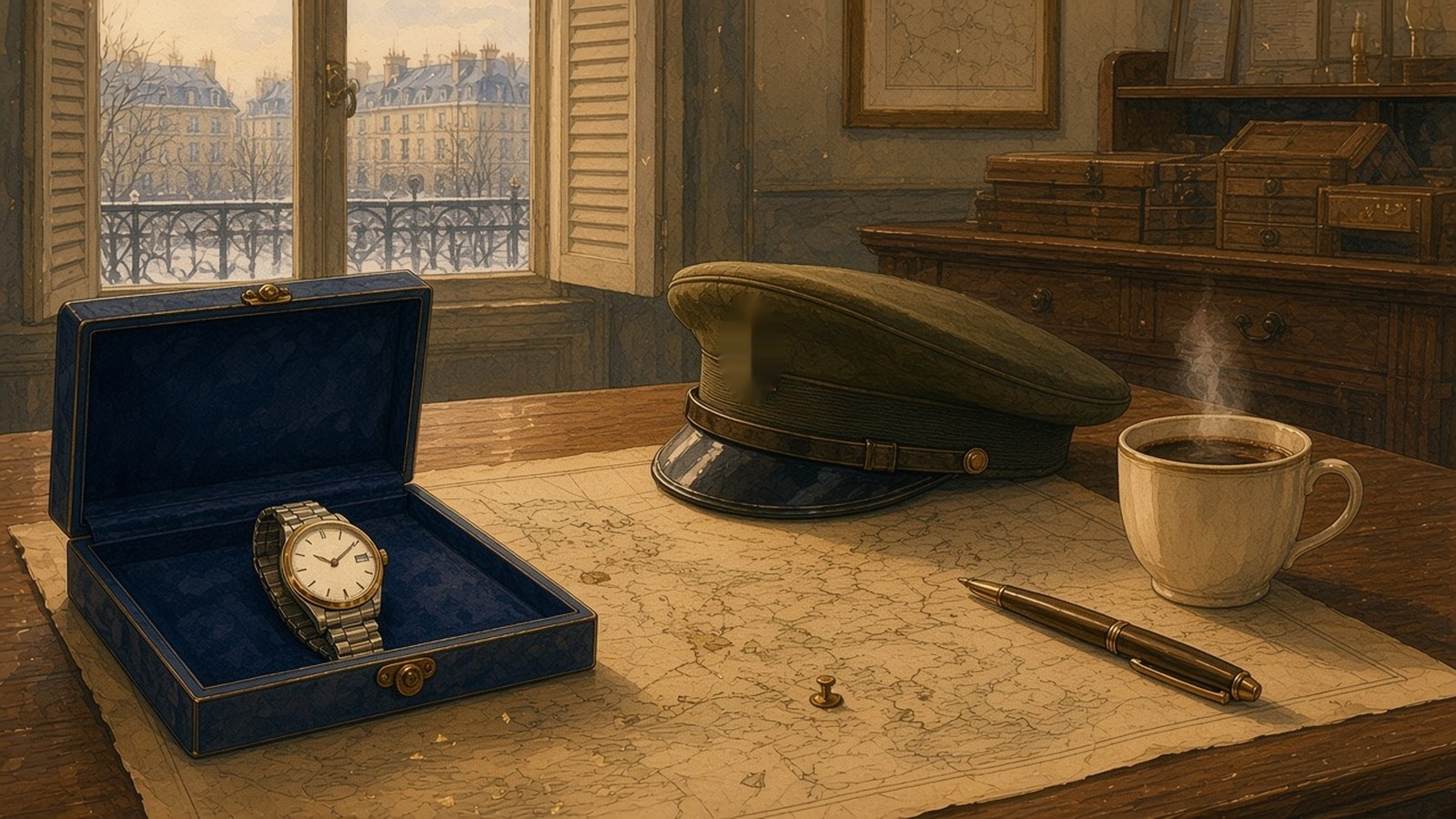 Painting of a gold watch in an open blue presentation case on a map table beside an olive officer's cap, a pen and coffee in a wintry Paris office