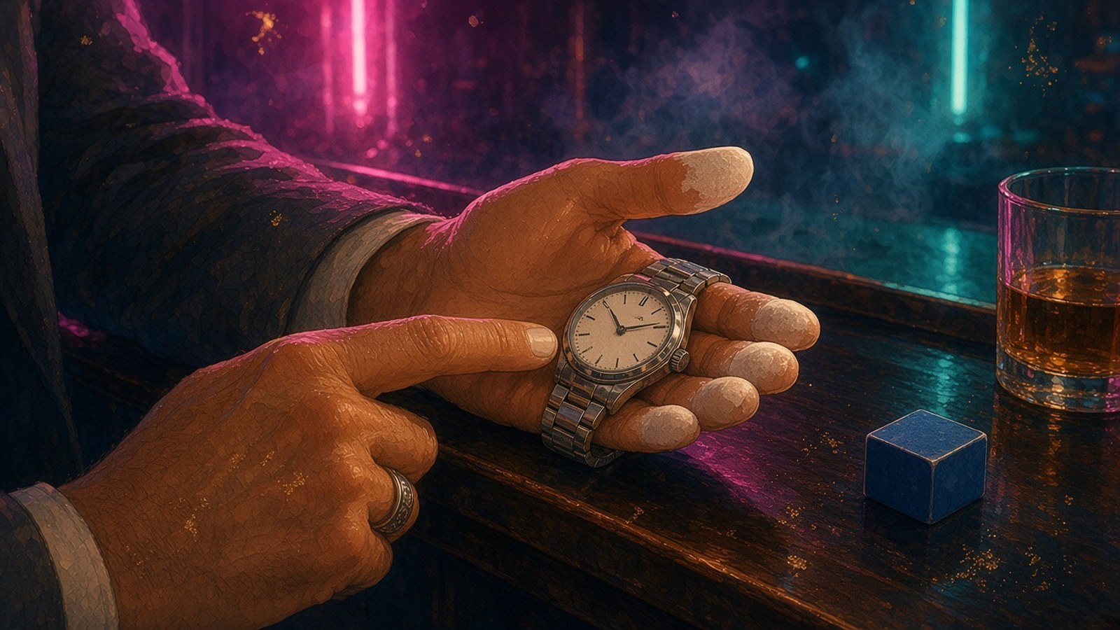 Painting in magenta and teal neon light of an older hand pointing at a steel watch resting in a younger man's palm beside cue chalk and a glass