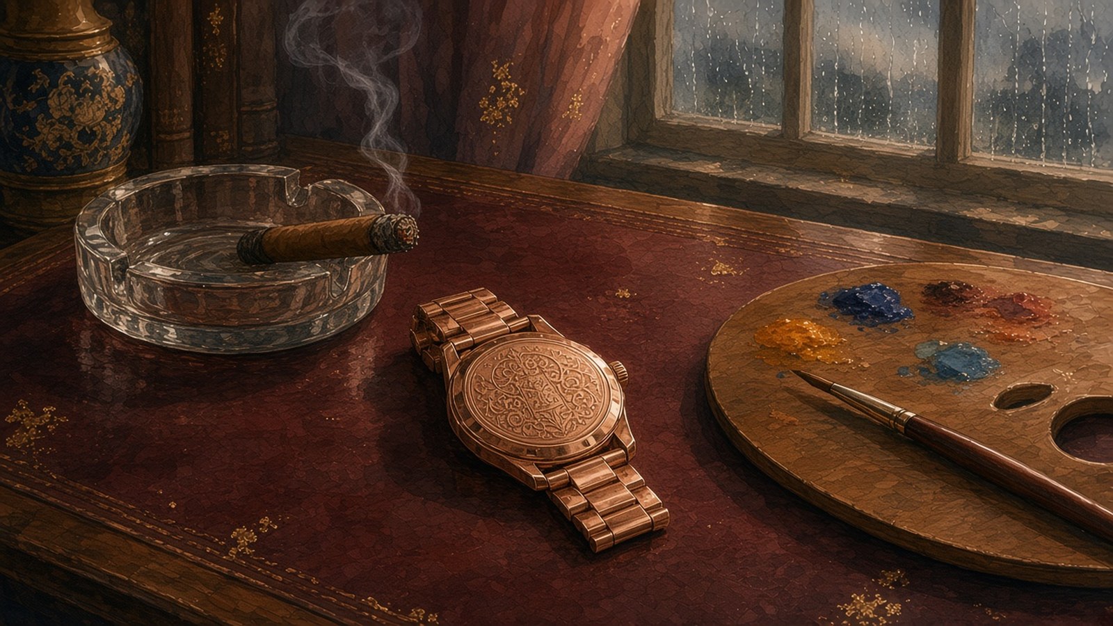 Painting of a rose gold watch lying face-down to show an ornate engraved case back on a leather desk beside a smoking cigar and a painter's palette