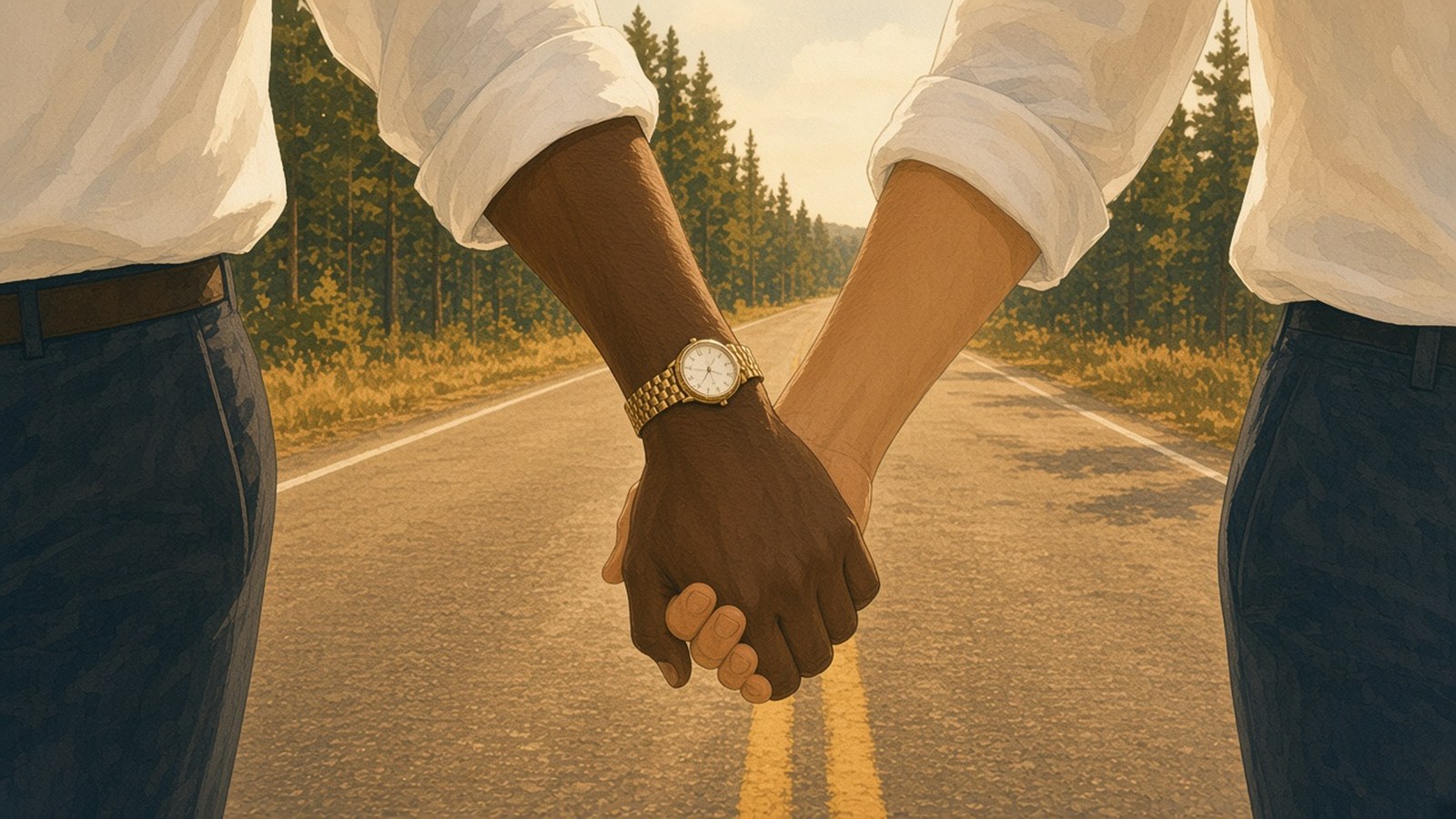 Painting of two marchers' joined hands on a sunlit pine-lined highway, a gold watch on a five-link bracelet on one wrist, faces out of frame