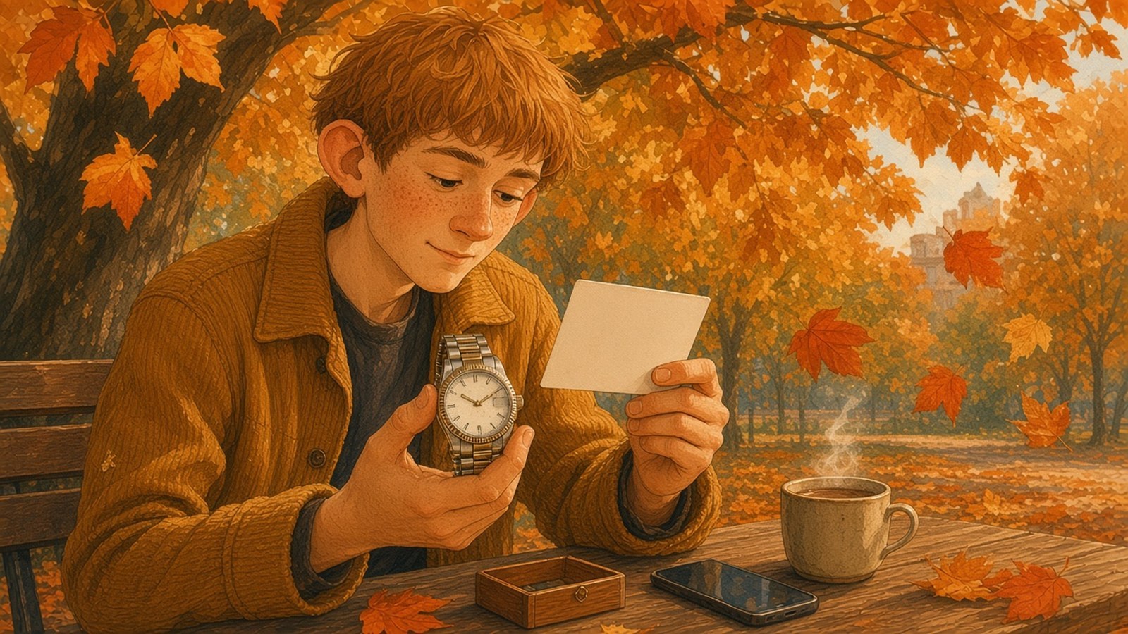 Painting of a freckled young man in a mustard jacket comparing a blank card with a two-tone watch at a park table under autumn chestnut trees