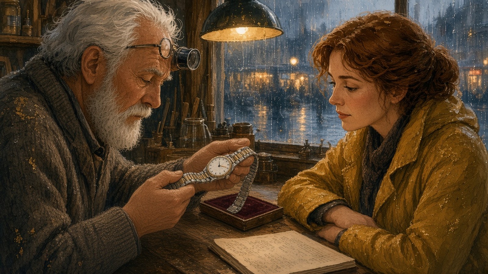 Painting of a white-bearded watchmaker with a loupe clipped to his glasses holding a steel watch so its bracelet hangs from his fingers, while a red-haired woman in a mustard raincoat watches across the counter, rain streaking the shop window and an open ledger and velvet tray on the counter.