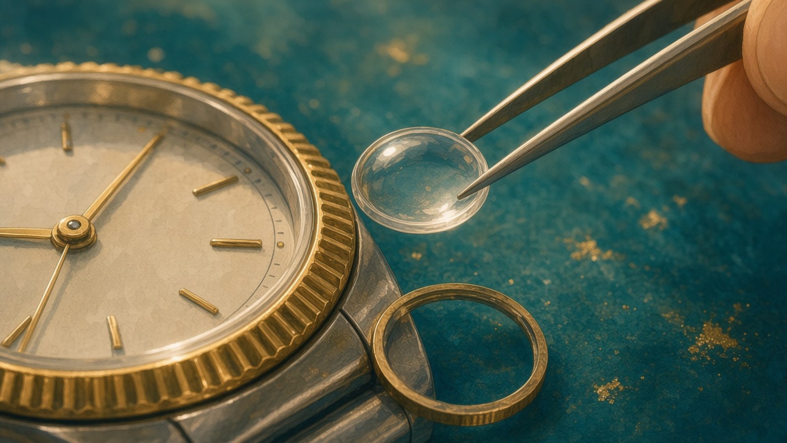 Close-up painting of tweezers holding a small magnifying lens beside a watch with a ridged gold bezel on a teal background