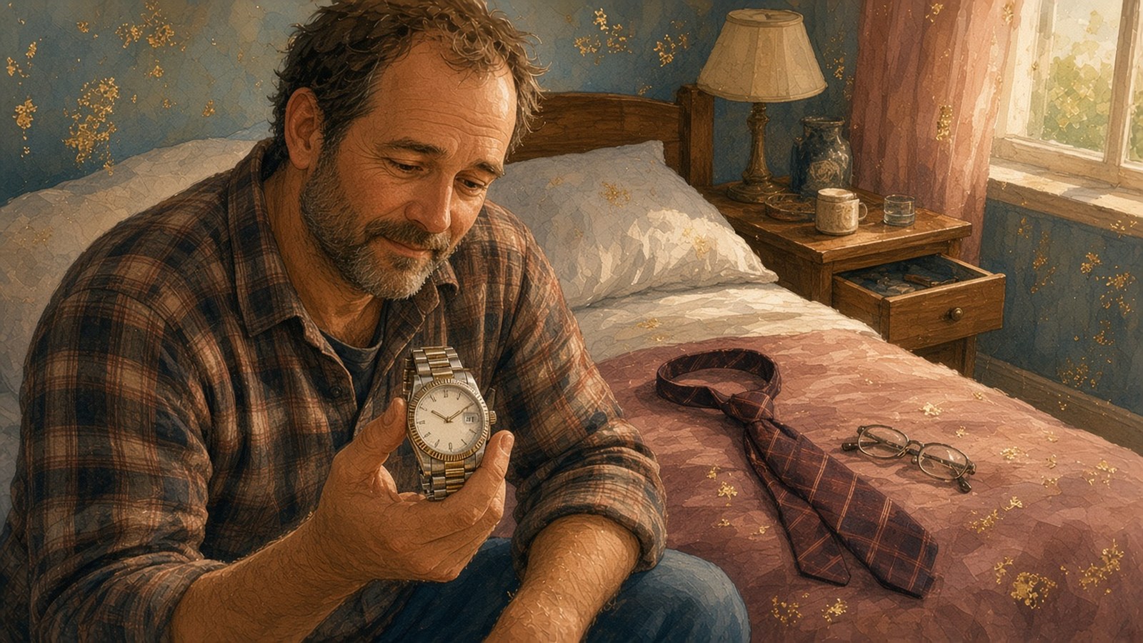 Painting of a man in a plaid shirt sitting on the edge of a bed, holding up a steel-and-gold watch in the window light, with a necktie and reading glasses on the bedspread and the nightstand drawer open beside him.