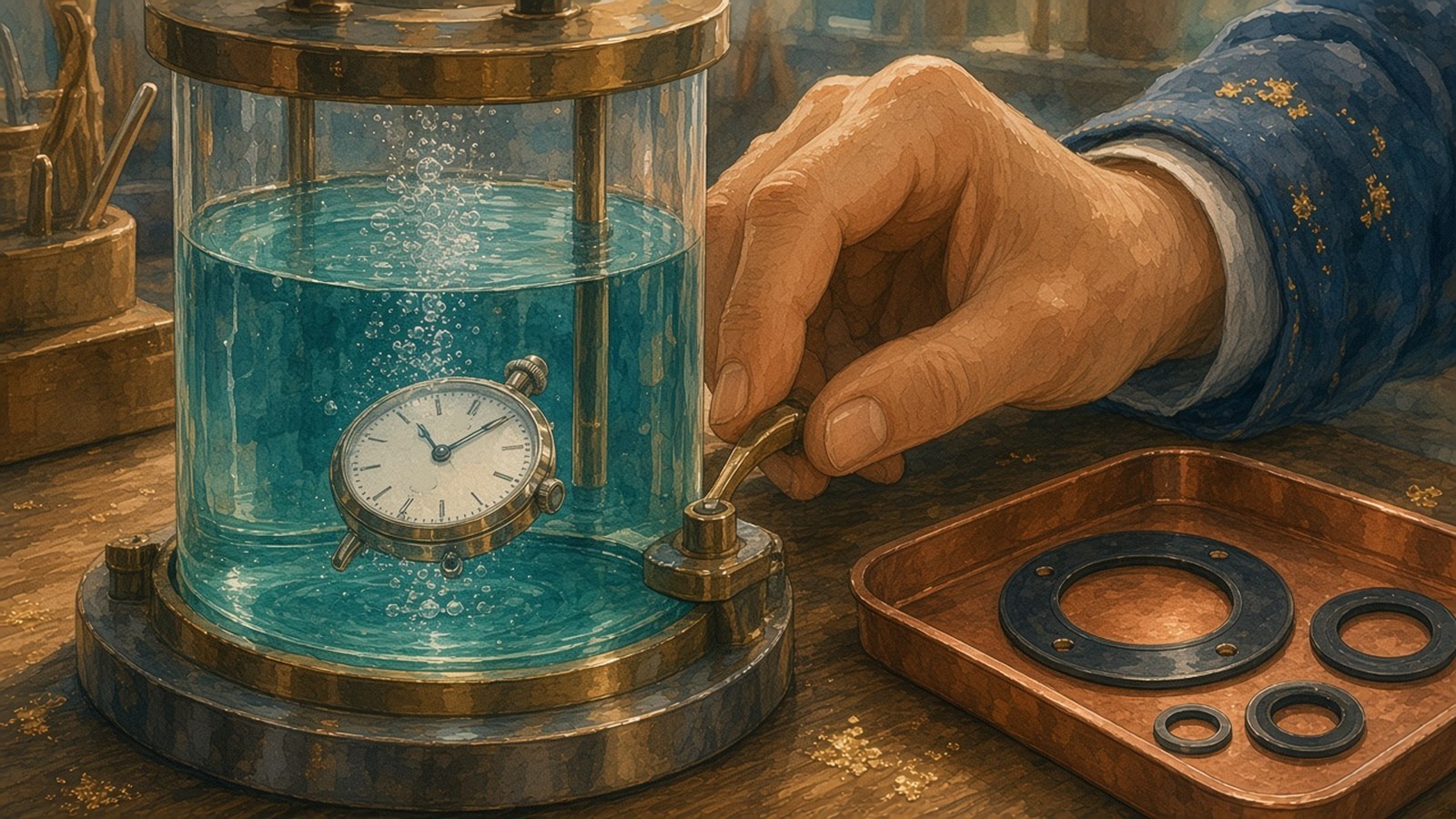 Painting of a watch case suspended in a glass water-test chamber full of rising bubbles, a hand on the brass lever and new gaskets on a copper tray
