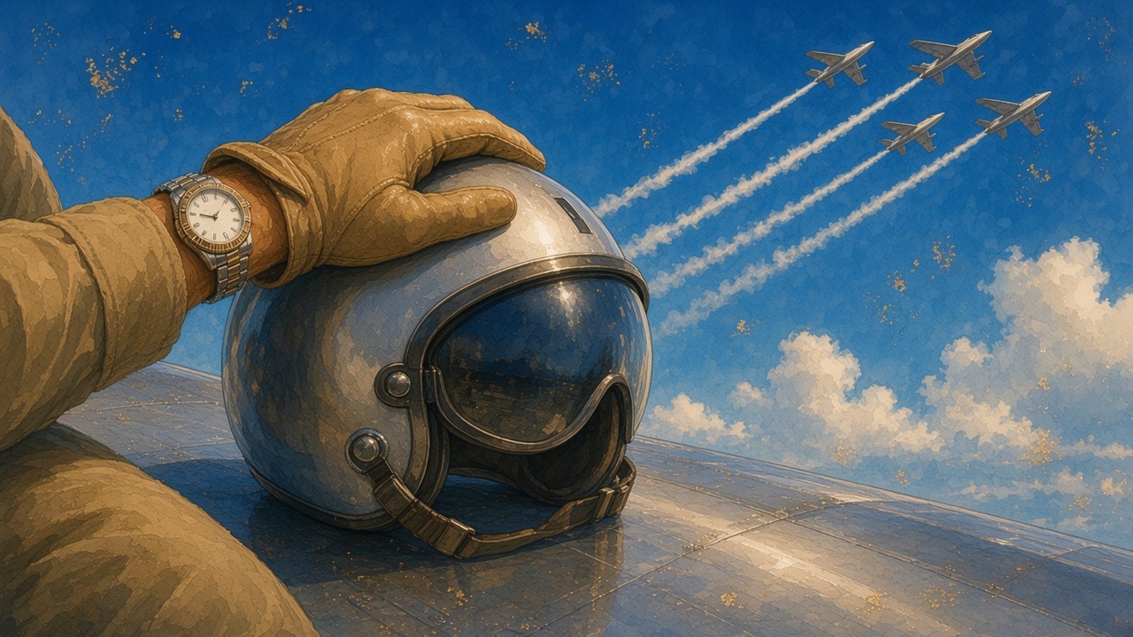 Painting of a gloved pilot's hand with a two-tone watch resting on a silver helmet while four jets fly in formation across a cobalt sky