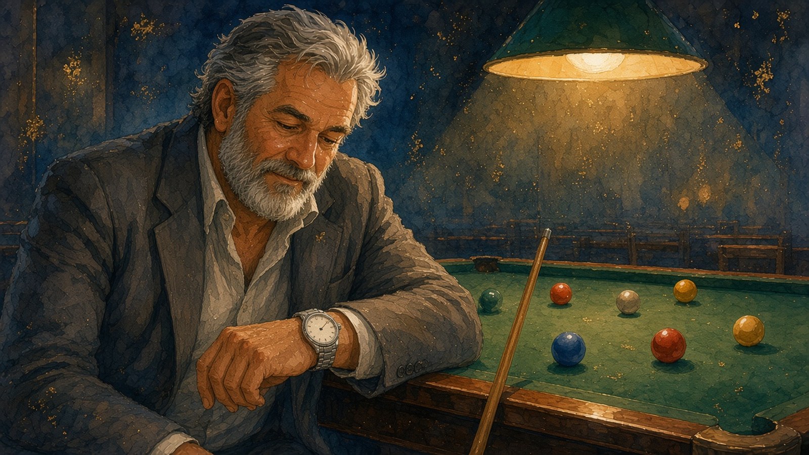 Painting of a silver-haired, bearded man in a gray jacket and open collar leaning by a pool table under a green-shaded lamp, looking down at a plain steel watch on a metal bracelet, a cue resting against the table.