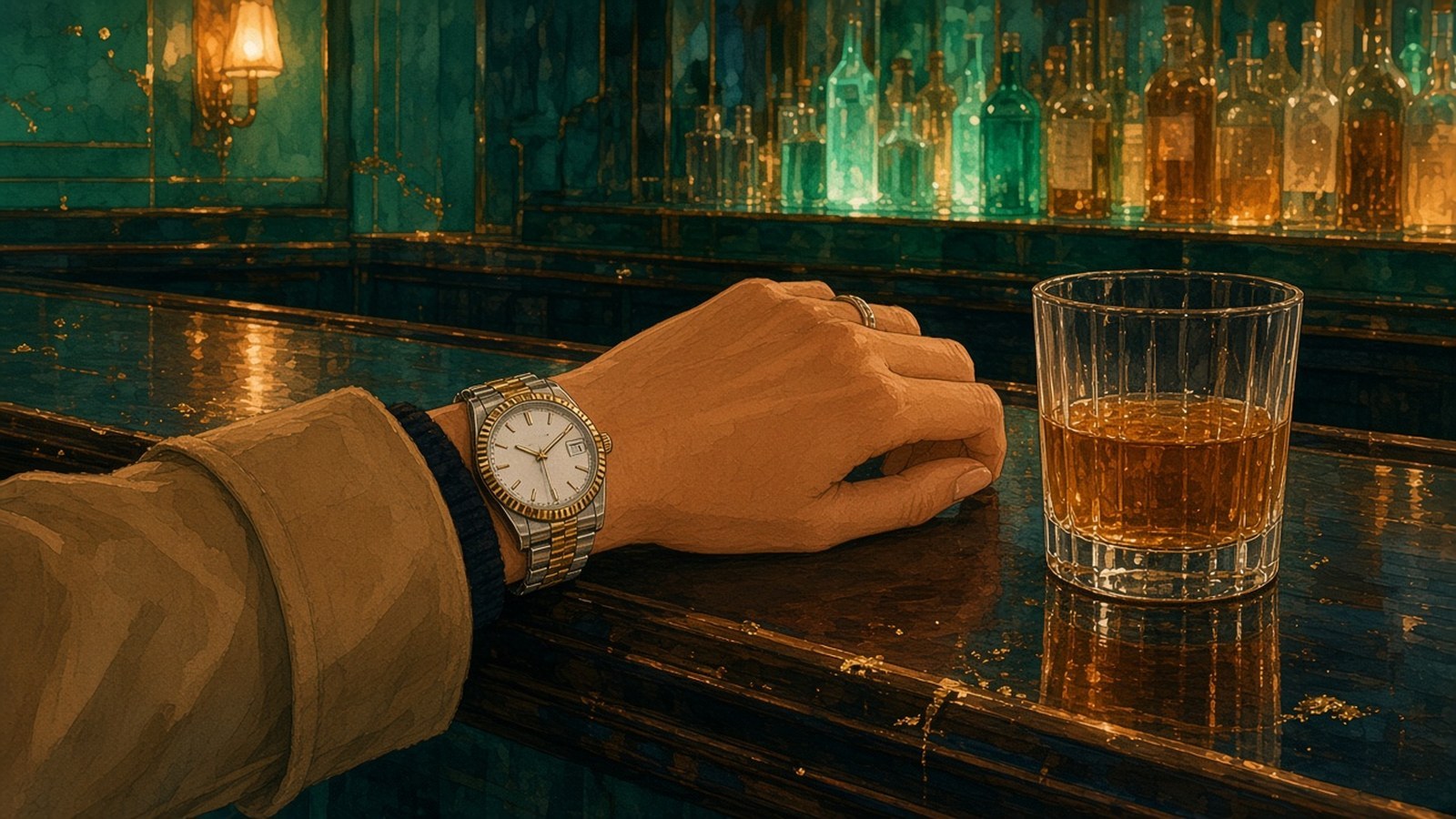 Painting of a woman's hand beside an untouched drink on a polished Art Deco bar, a two-tone watch with a ridged gold bezel on her wrist