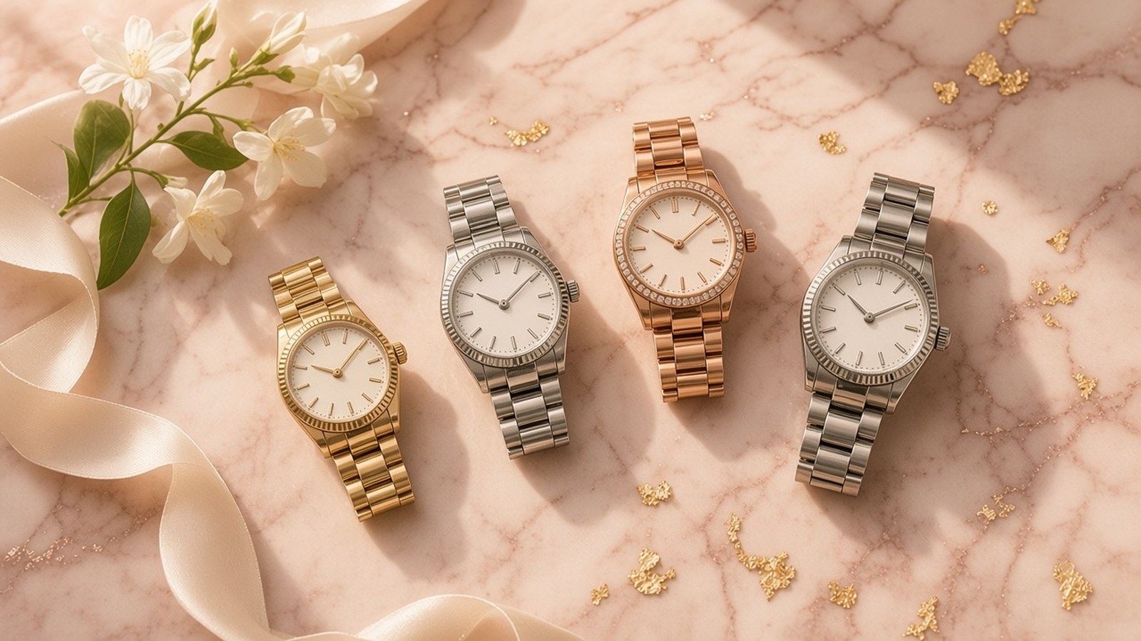 Painting from above of four watches in yellow gold, steel, rose gold and steel with smooth, fluted and gem-set bezels on pink marble beside jasmine and a satin ribbon