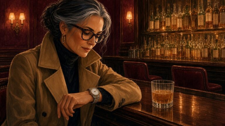 Painting of a silver-haired woman in tortoiseshell glasses and a camel coat checking a two-tone steel-and-gold watch at a dim hotel bar, a glass of whisky on the polished counter and rows of bottles behind her.