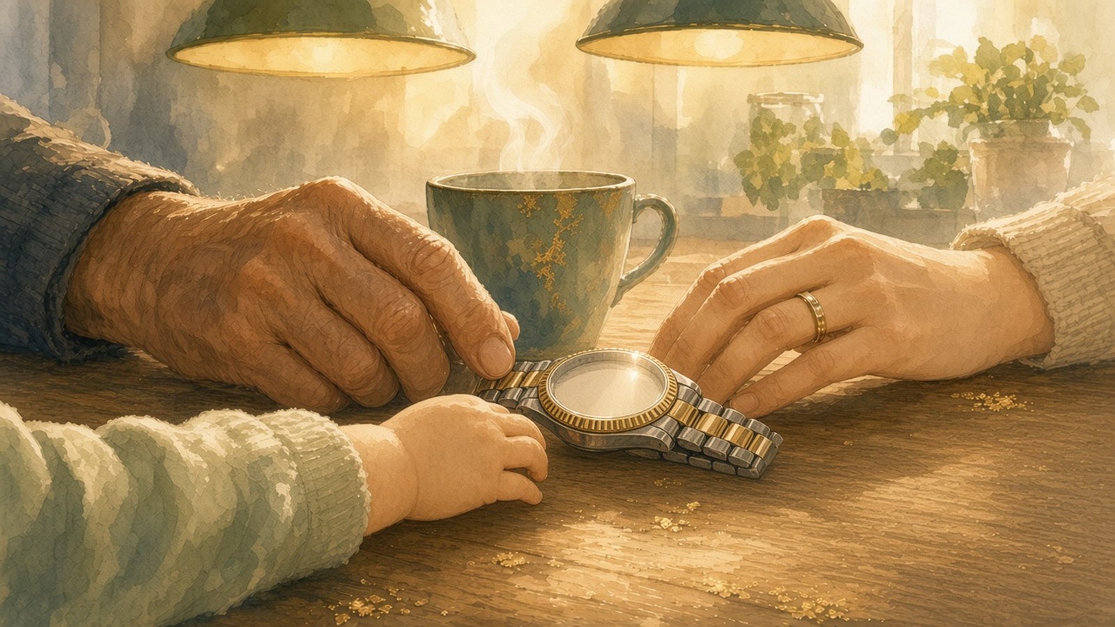 Painting of three hands around a two-tone watch with a gold bezel on a wooden table: an elderly hand, a woman's hand with a gold ring and a small child's hand, beside a steaming cup under pendant lamps in morning light.