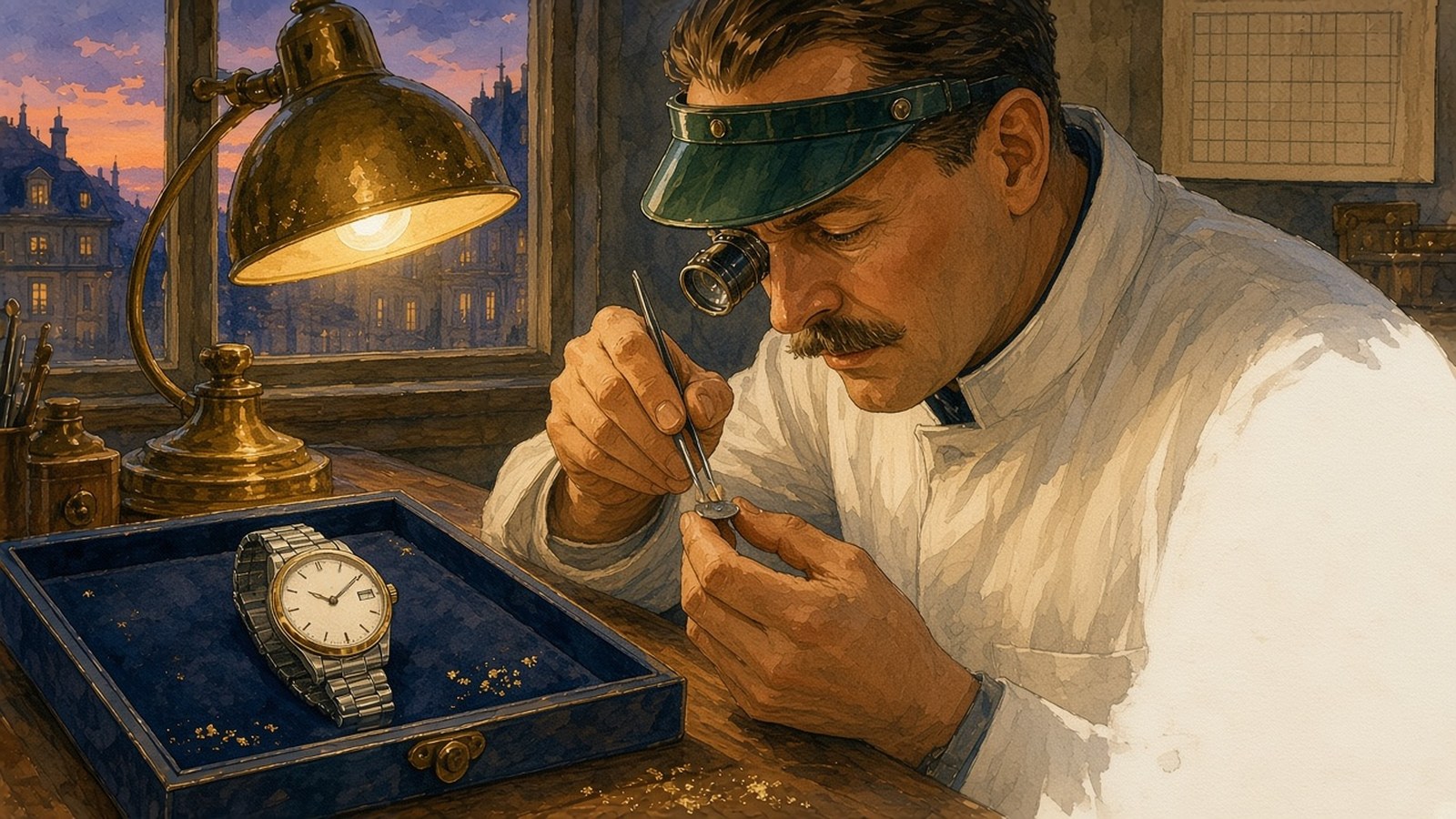 Painting of a mustached watchmaker in a white coat, green visor and eye loupe working with tweezers at a lamp-lit bench, a two-tone watch with a gold bezel and steel bracelet resting in an open blue velvet tray, with old city rooftops at dusk through the window.