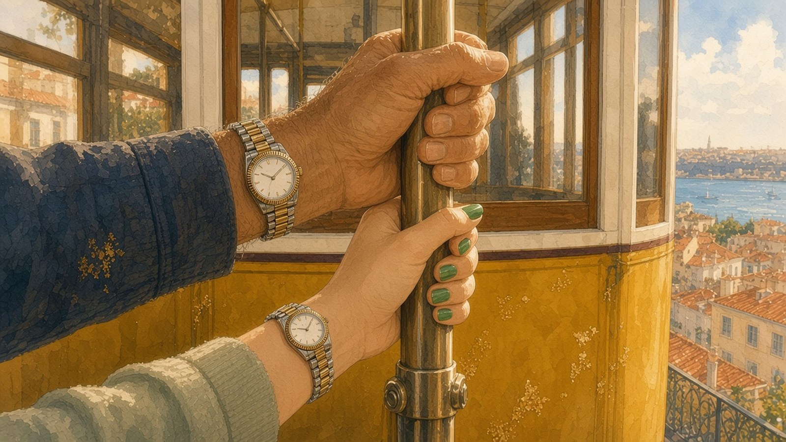 Painting of two hands on a brass pole in a yellow Lisbon tram, each wearing a similar two-tone watch, rooftops and river beyond
