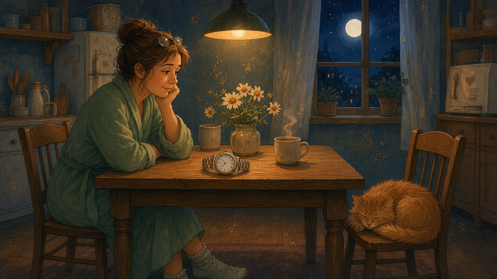 Painting of a woman in a green dressing gown watching a two-tone watch on the kitchen table at midnight, a moon in the window and a cat asleep on a chair