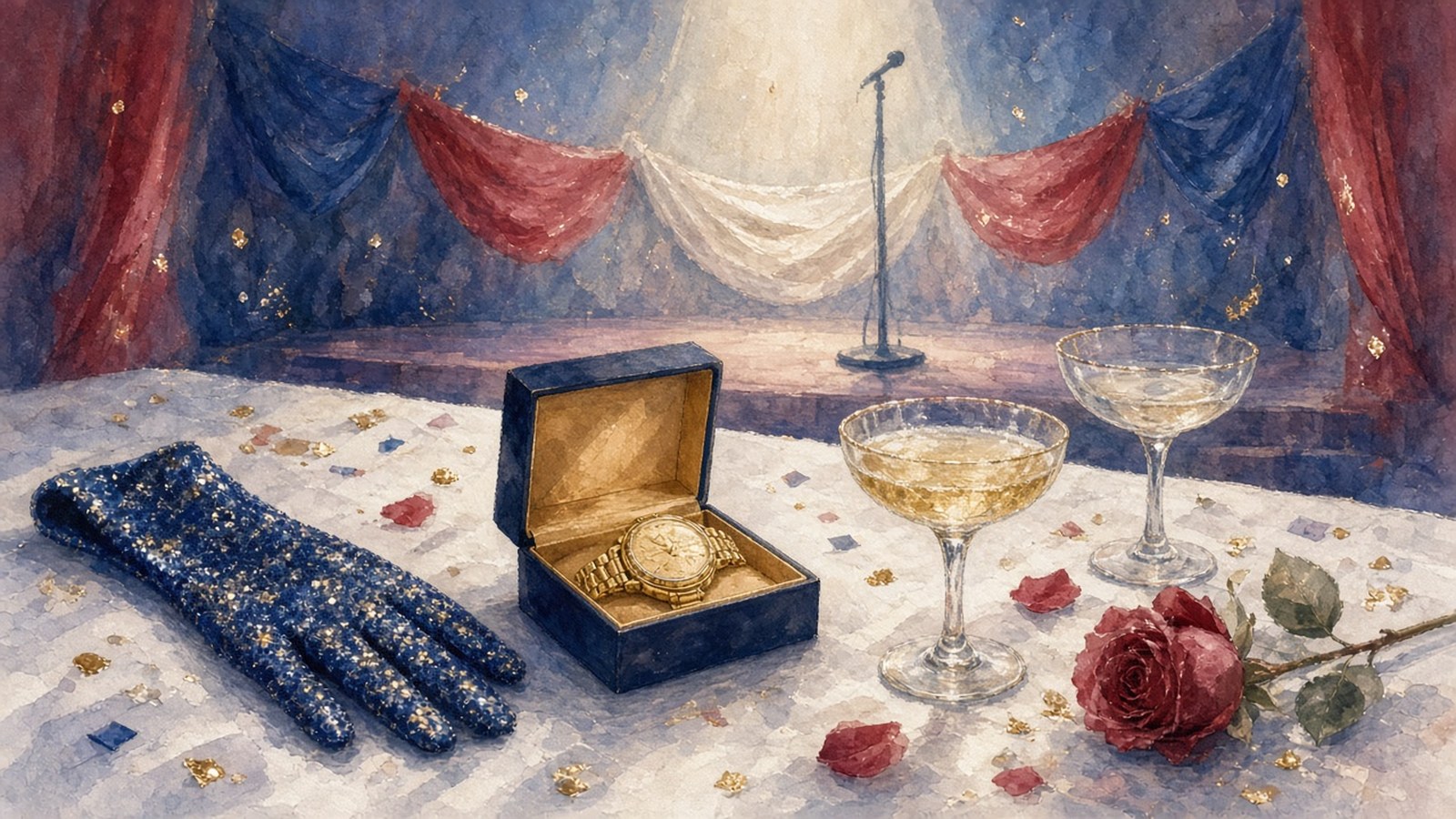Painting of a gala's aftermath with a sequinned glove, an open box holding a gold watch, champagne coupes and a rose before an empty stage with a microphone and bunting
