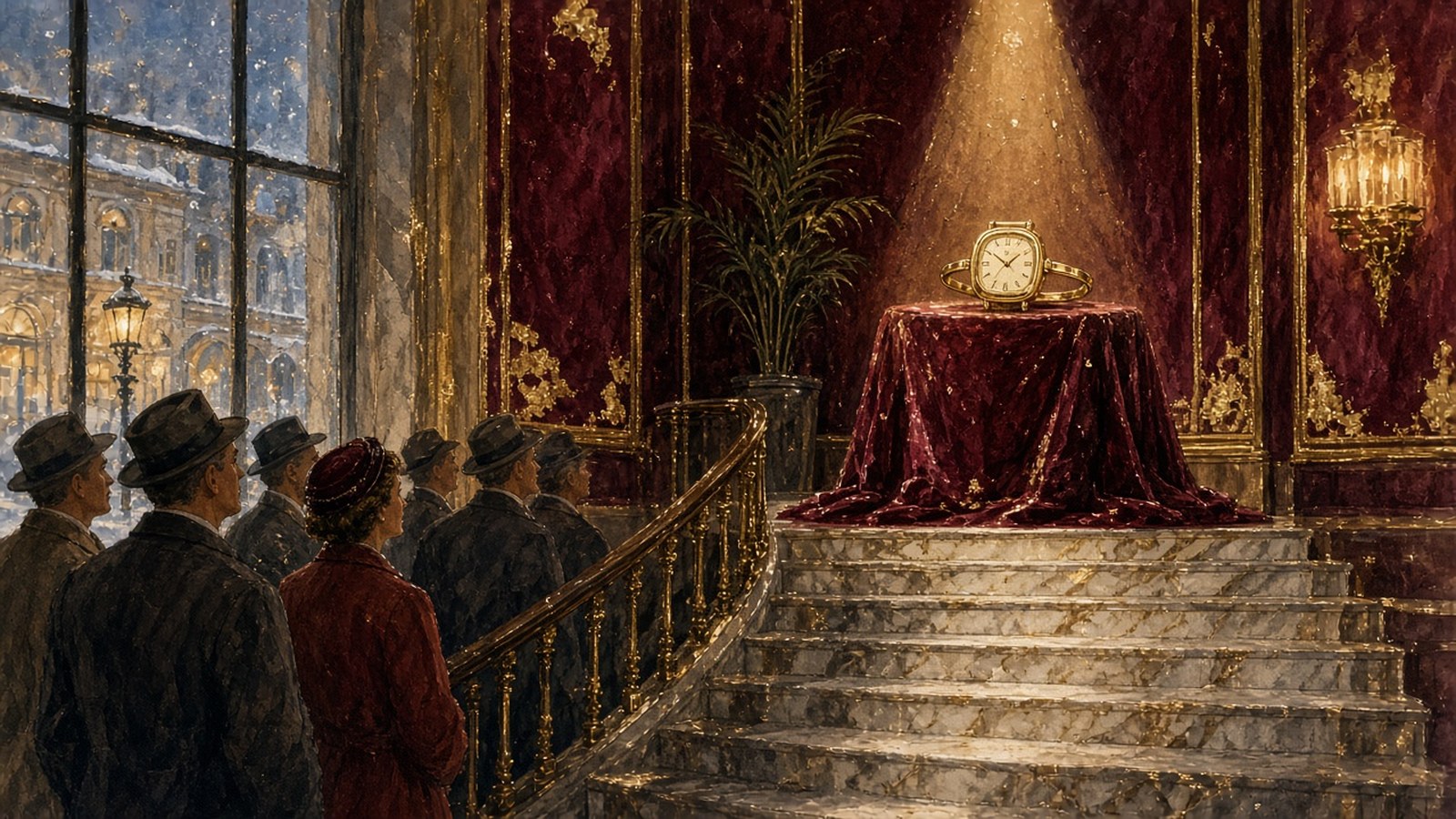 Painting of a 1950s crowd in hats looking up a marble staircase at a spotlit gold watch on a velvet pedestal, snow falling past a tall window