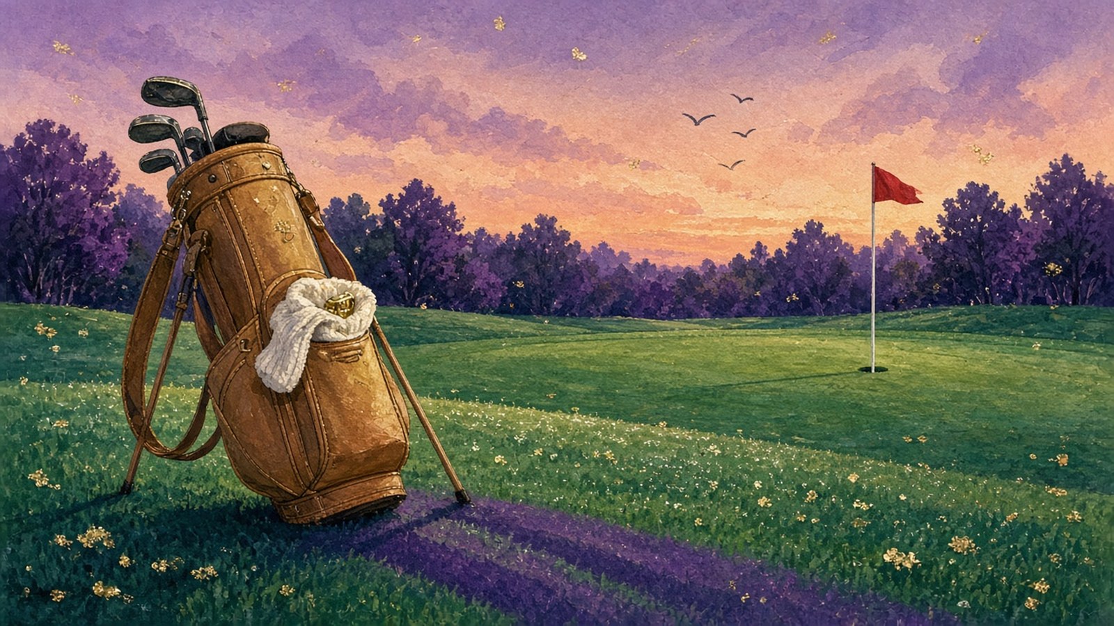 Painting of a tan golf bag on a dusk-lit green with a gold glint peeking from a sock in its pocket, a red flag against a lavender sky