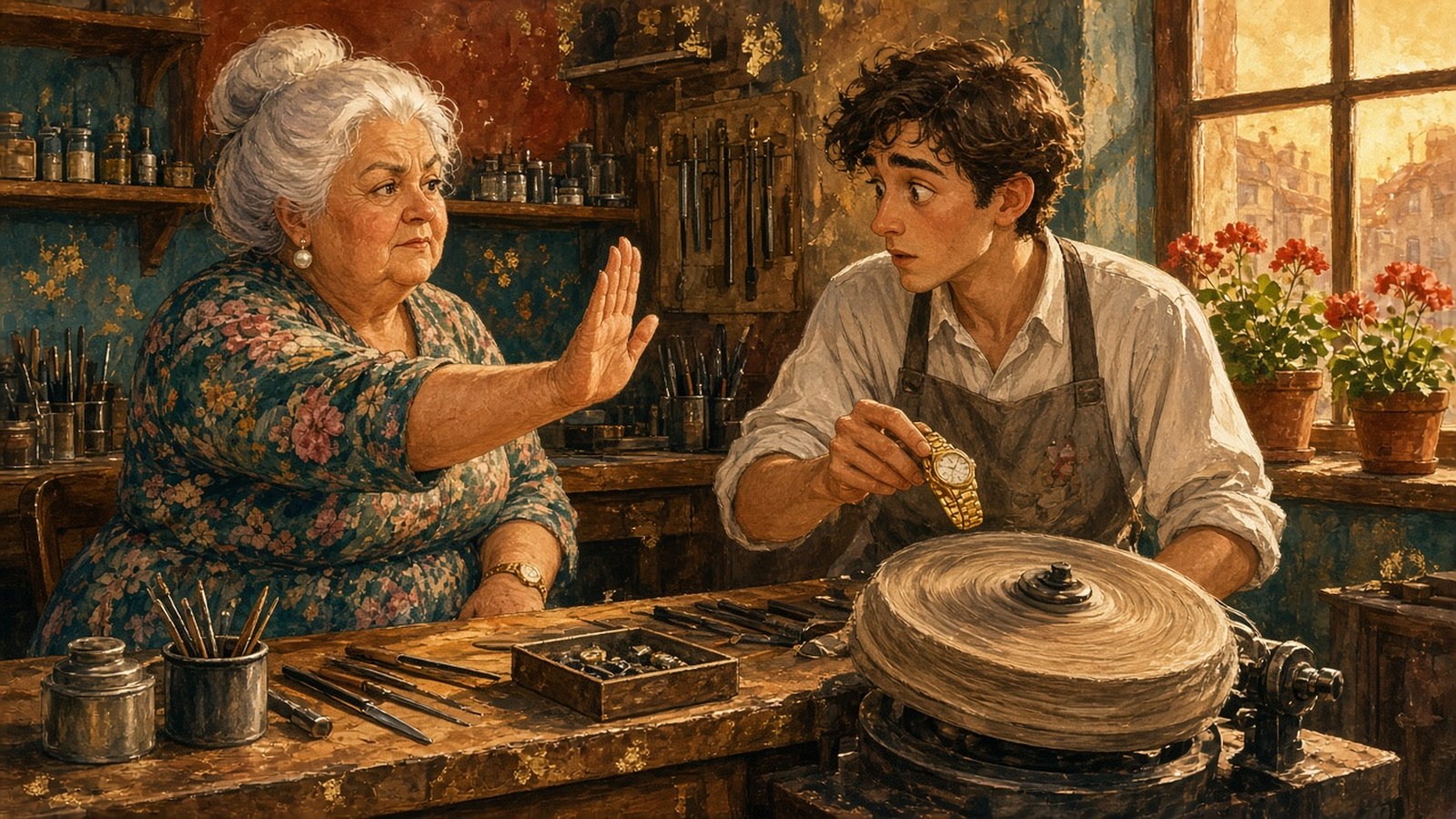 Painting of an Italian grandmother in a floral dress raising her hand to stop a young watchmaker as he holds her gold watch near a polishing wheel