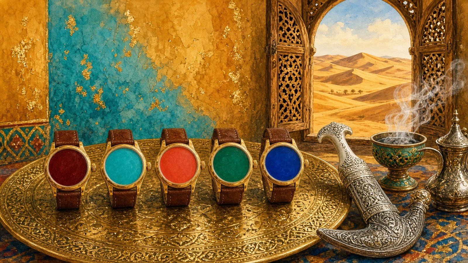 Painting of five gold watches with oxblood, turquoise, coral, jade and lapis stone dials on an engraved brass tray beside a silver dagger and smoking frankincense, desert dunes through an arched window