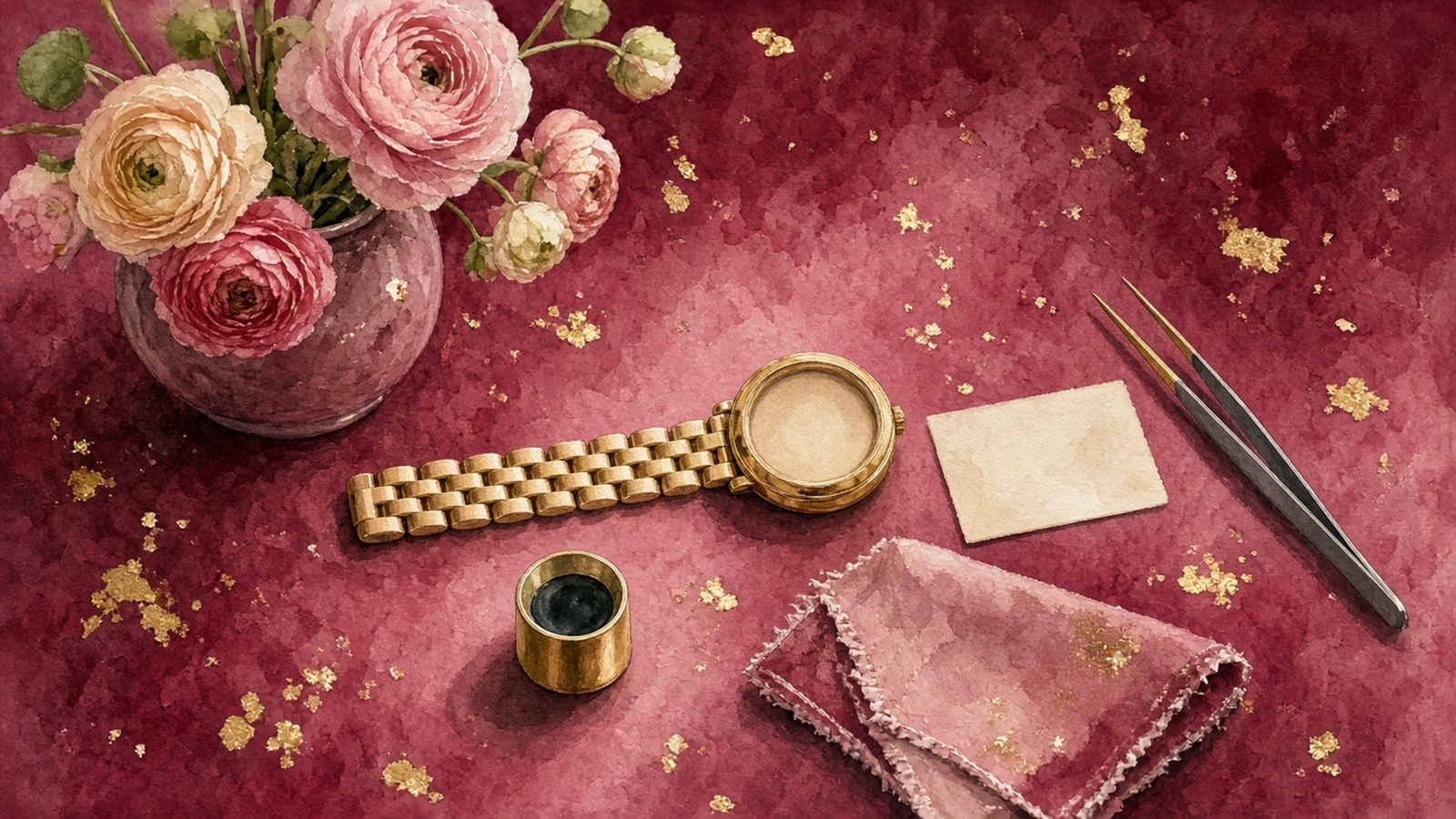 Painting of a gold bracelet watch laid flat on rose felt with a loupe, a blank card, a polishing cloth and tweezers beside a vase of ranunculus
