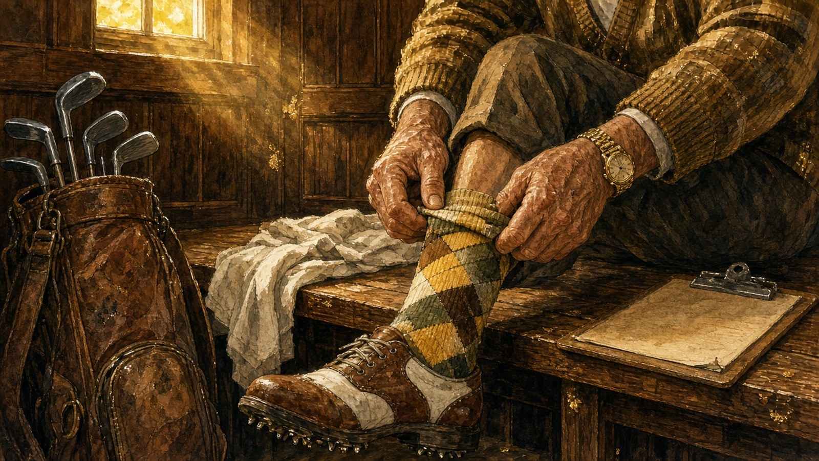 Painting of an older golfer in a cardigan pulling on an argyle sock in a wood-panelled locker room, a gold watch on his wrist and spiked shoes nearby