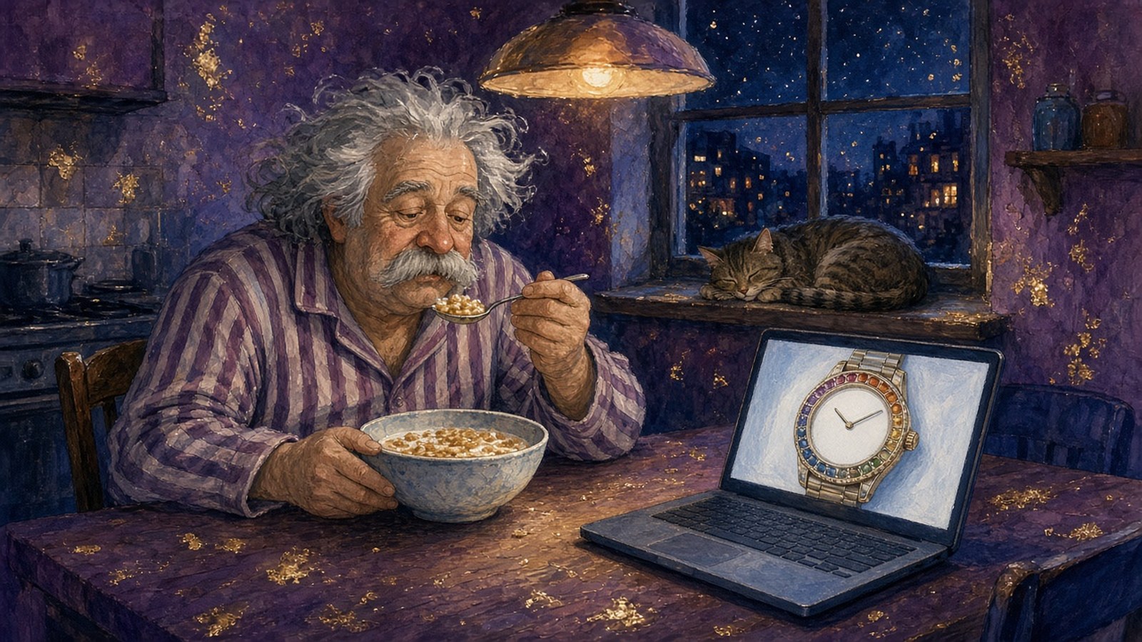 Painting of a wild-haired man in pyjamas eating cereal at night while his laptop shows a watch with a rainbow gemstone bezel, a tabby cat asleep beside him