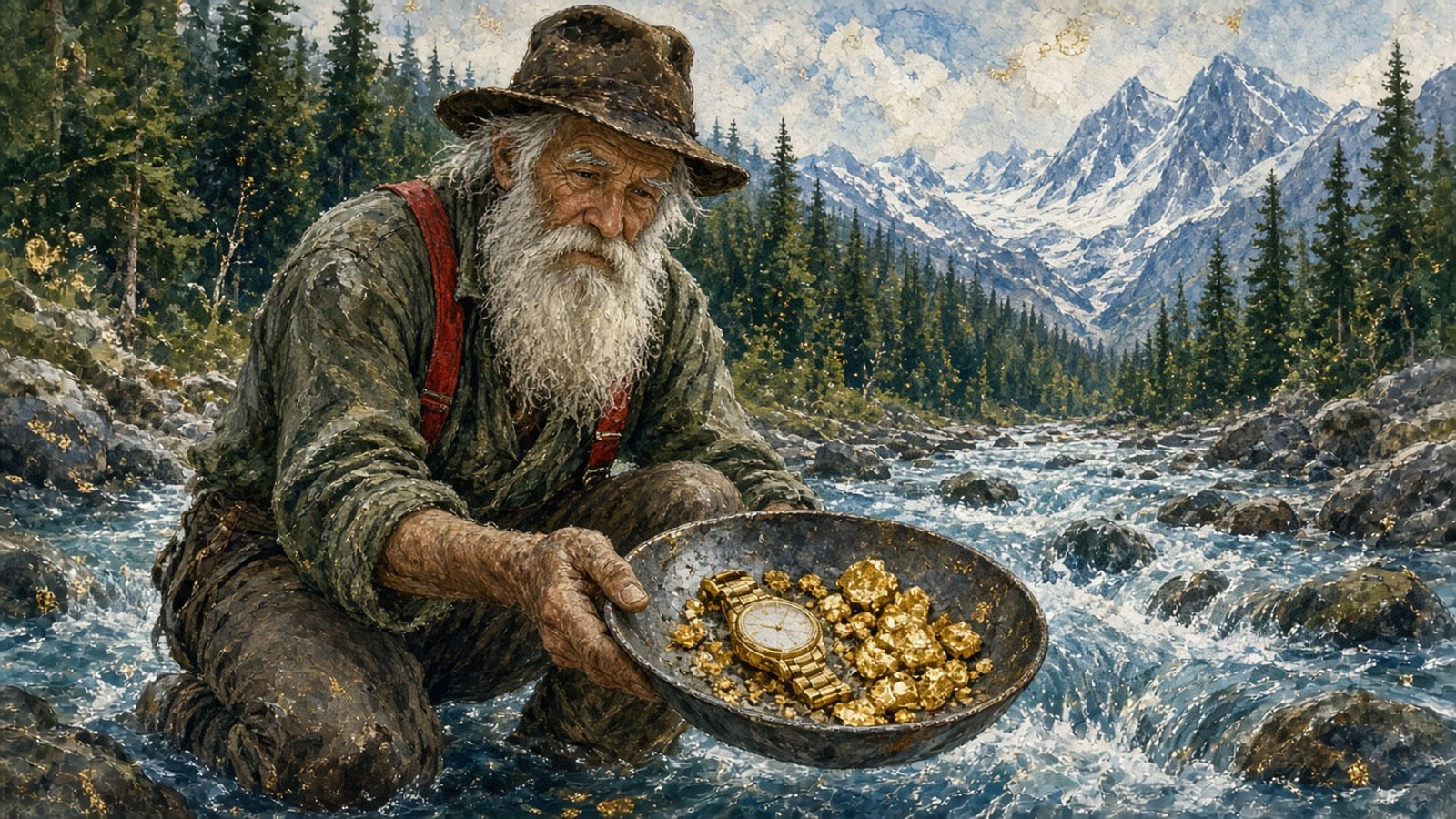 Painting of a white-bearded prospector standing in a mountain stream holding a gold pan with a gold watch among the nuggets, snowy peaks behind