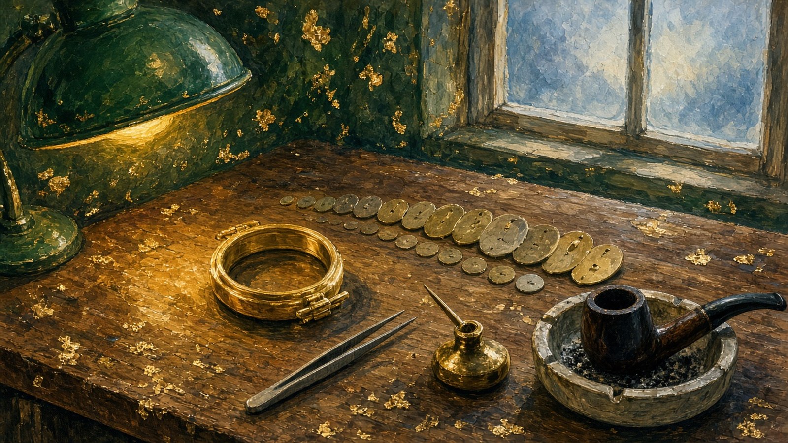 Painting of a 1950s watchmaker's bench with a gold watch case, a row of small dial discs, tweezers, an oiler and a pipe under a green-shaded lamp