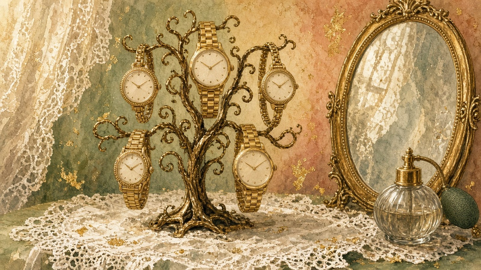 Painting of a brass jewellery tree hung with five gold bracelet watches on a lace-covered dressing table with an oval mirror and a perfume atomiser