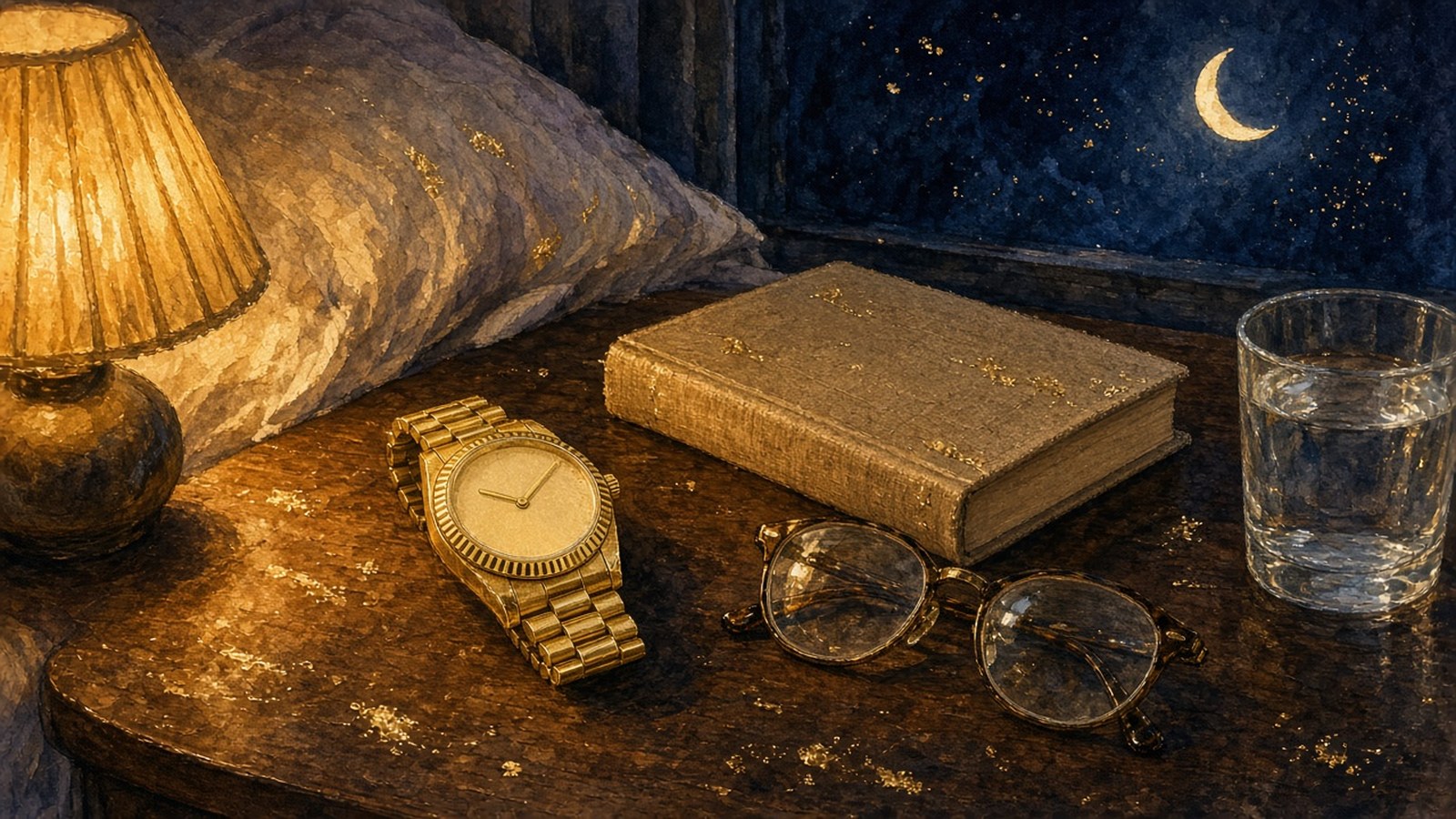 Painting of a gold watch on a bedside table under a pleated lamp beside a cloth-bound book, reading glasses and a glass of water, a crescent moon outside