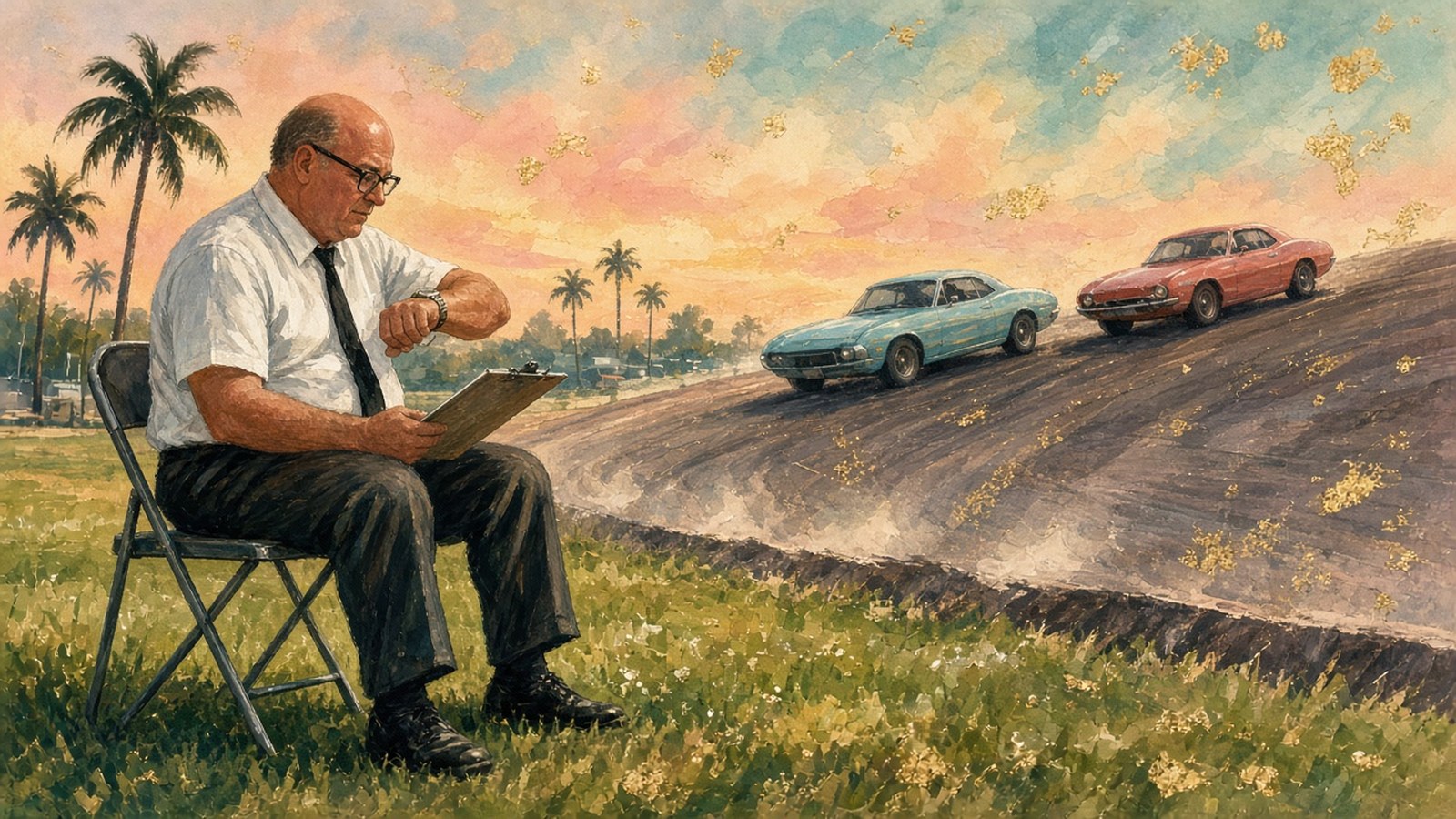Painting of a bald timing official in a white shirt and tie checking his wrist on the infield as race cars sweep round a Florida banking