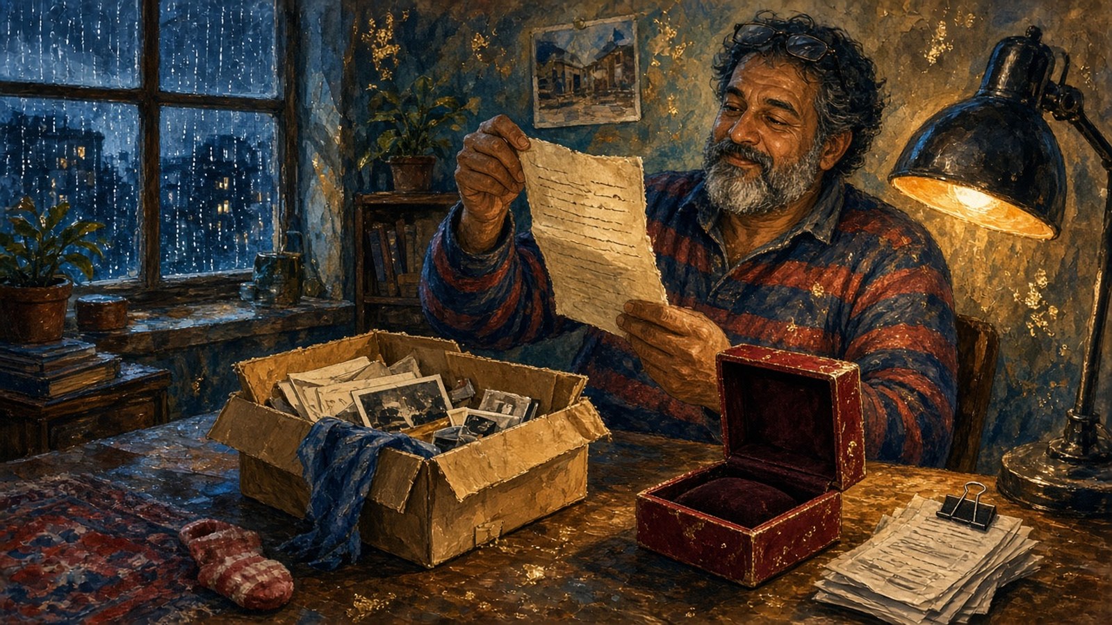 Painting of a bearded man reading a folded certificate by lamplight beside an empty red watch box, a shoebox of keepsakes and receipts