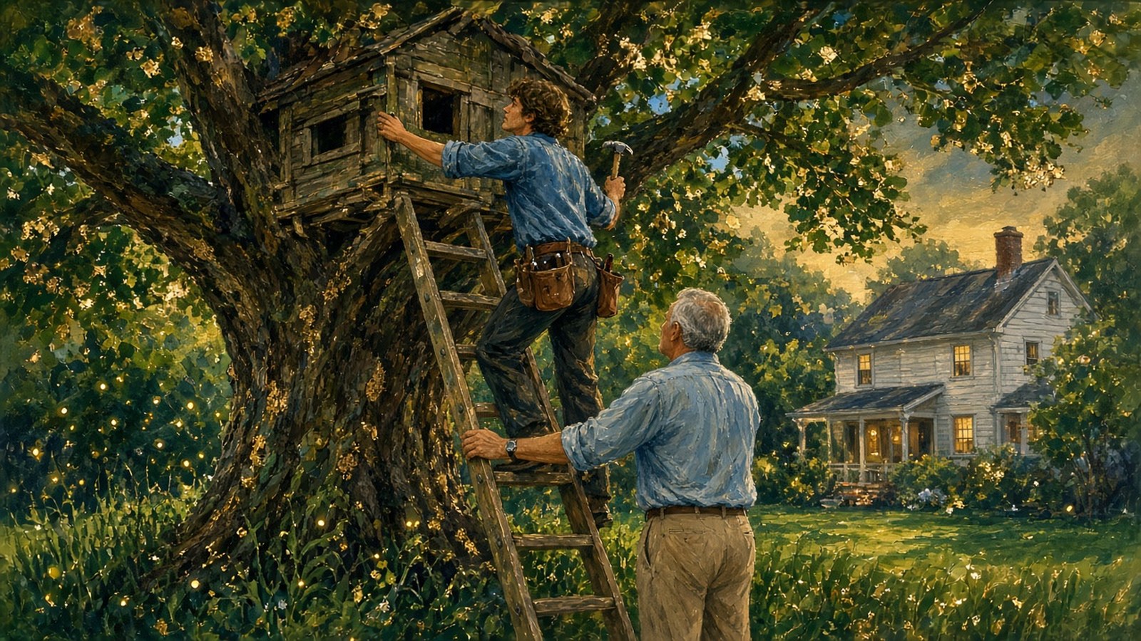 Painting of a young man repairing an old treehouse at dusk while an older man in khakis steadies the ladder, fireflies rising