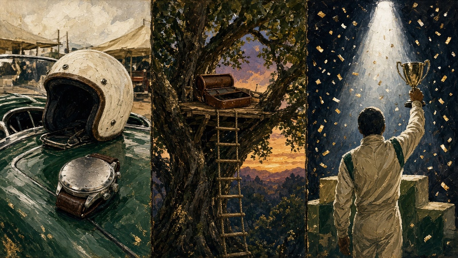 Painted triptych of a helmet and chronograph on a green race car, an empty watch roll in a treehouse, and a driver raising a trophy